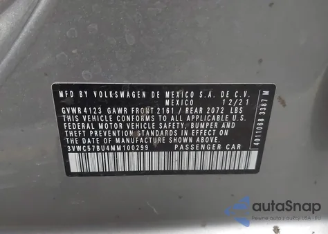 2021 Volkswagen Jetta 1.4T R-Line/1.4T S/1.4T Se from USA, damaged, VIN 3VWC57BU4MM100299